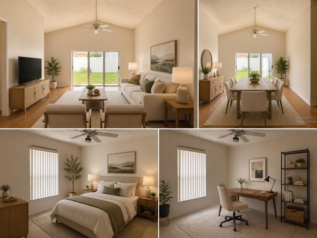 A four-panel collage showing a living room, dining area, bedroom, and home office — 610 TUTEN TRAIL, ORLANDO, FL
