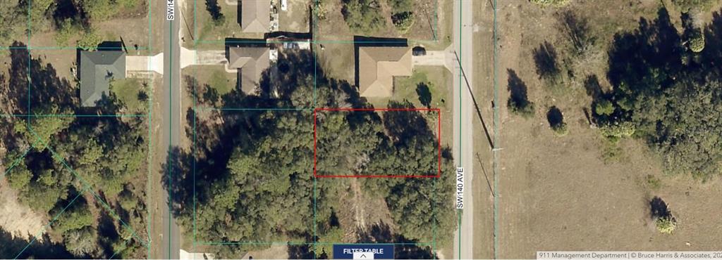 An aerial map view shows a rectangular plot of land outlined in red — 00 SW 140 AVENUE, OCALA, FL