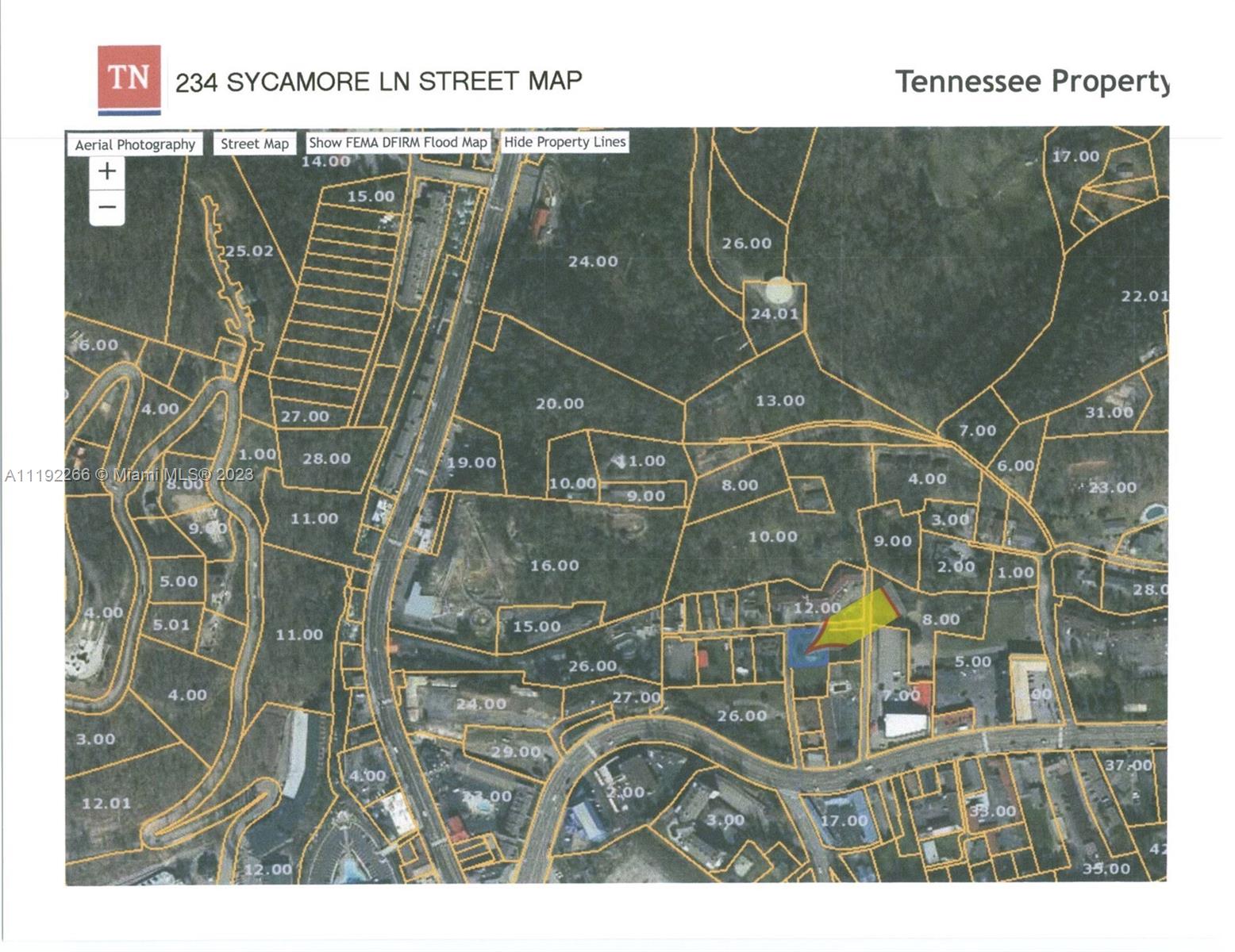This is a property map showing parcel boundaries and lot numbers over an aerial view — 234 SYCAMORE LANE, TN 37738, TN