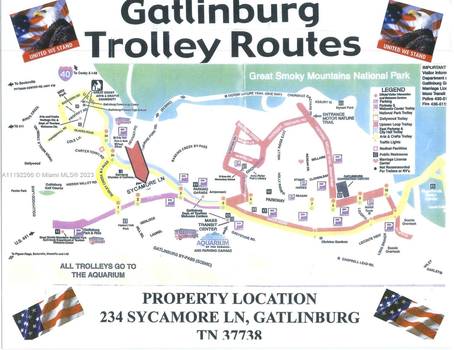 This is a map showing the various trolley routes and stops throughout Gatlinburg, Tennessee — 234 SYCAMORE LANE, TN 37738, TN