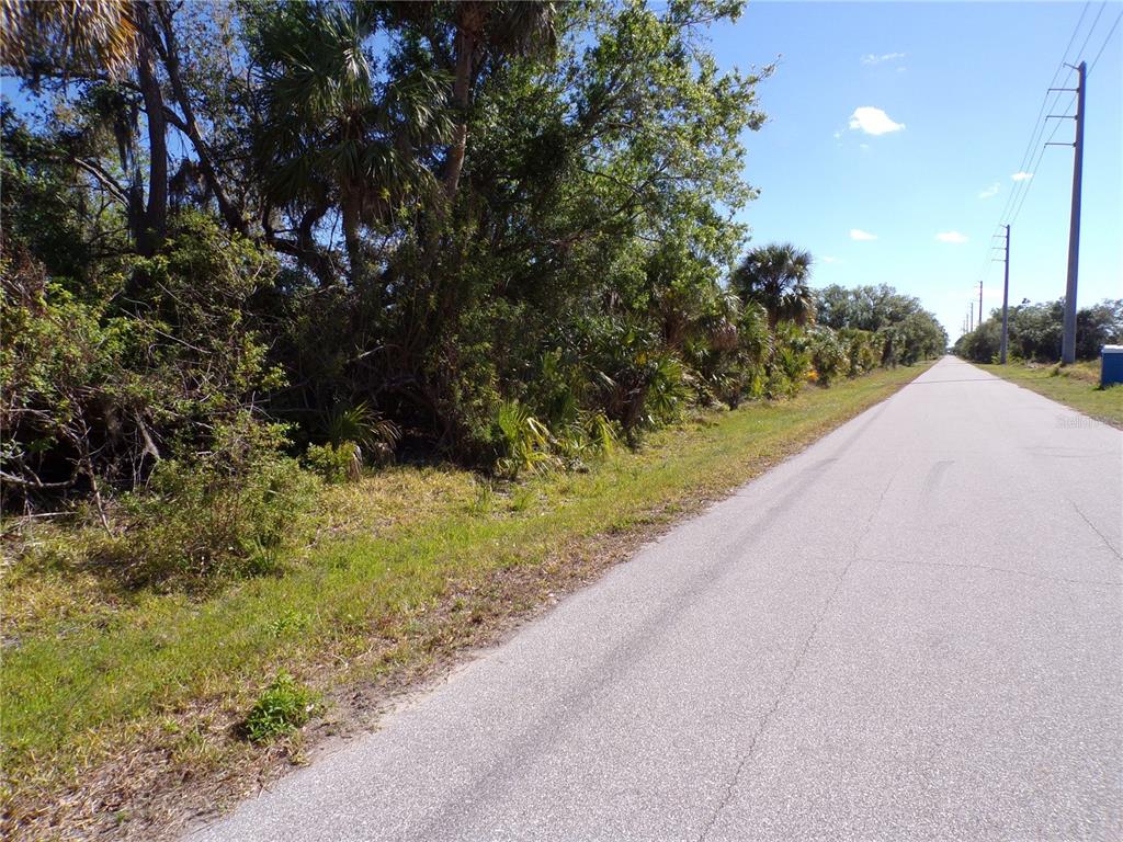 A paved road runs alongside a wooded lot with dense vegetation and palm trees — 26074 SCHAM ROAD, PUNTA GORDA, FL