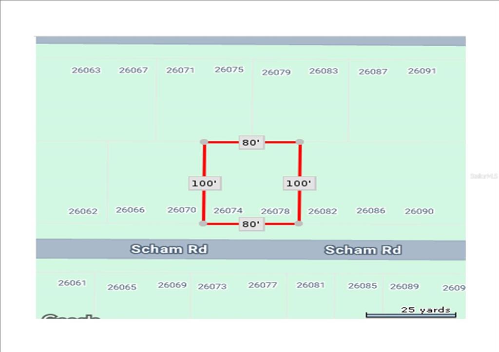 This is a map showing a rectangular property lot with dimensions of 80 feet by 100 feet — 26074 SCHAM ROAD, PUNTA GORDA, FL