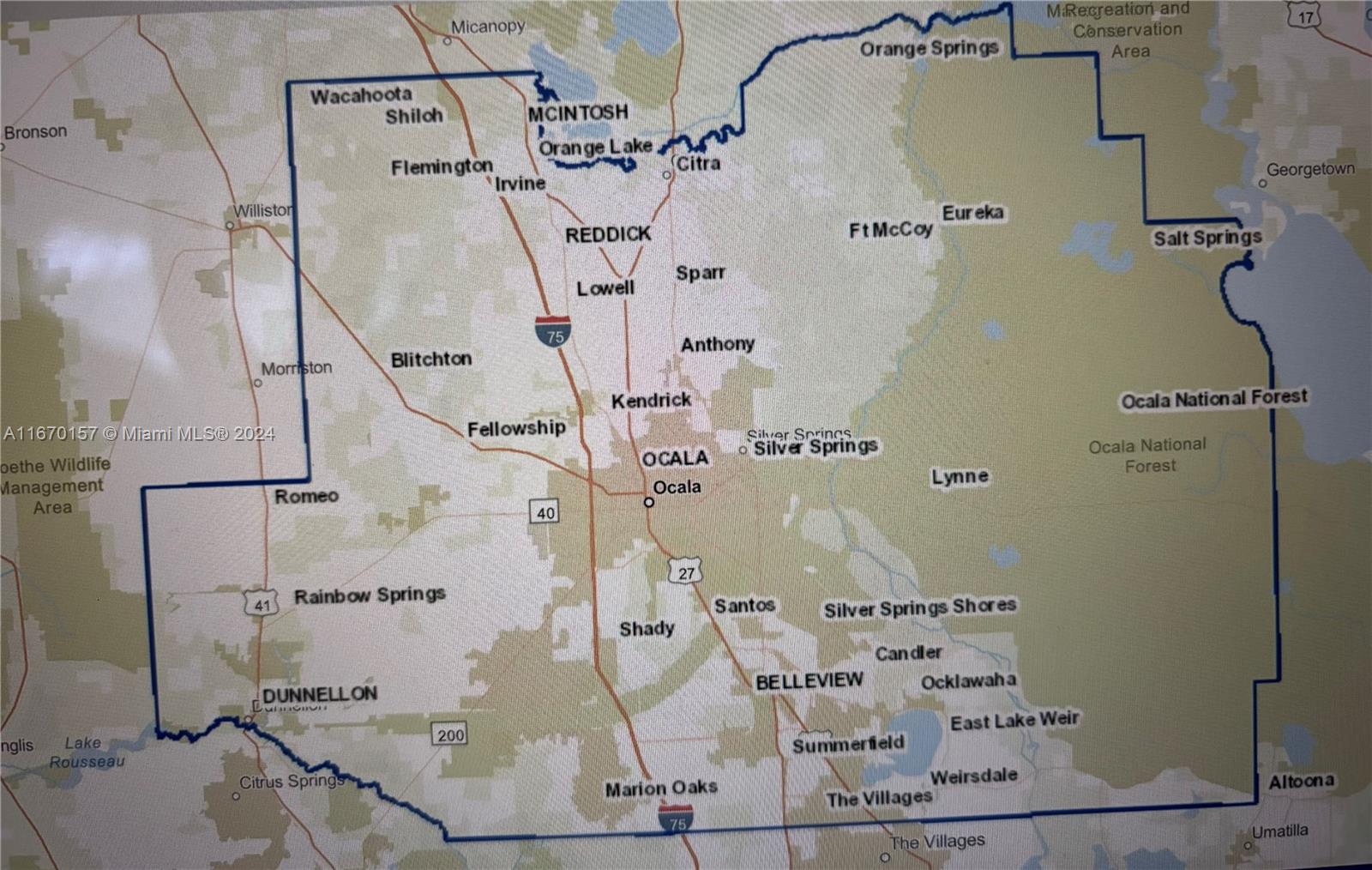 This is a map showing the geographic boundaries and towns within Marion County, Florida — UNDETERMINED NE 42nd ST, Ocala FL 34488, OCALA, FL