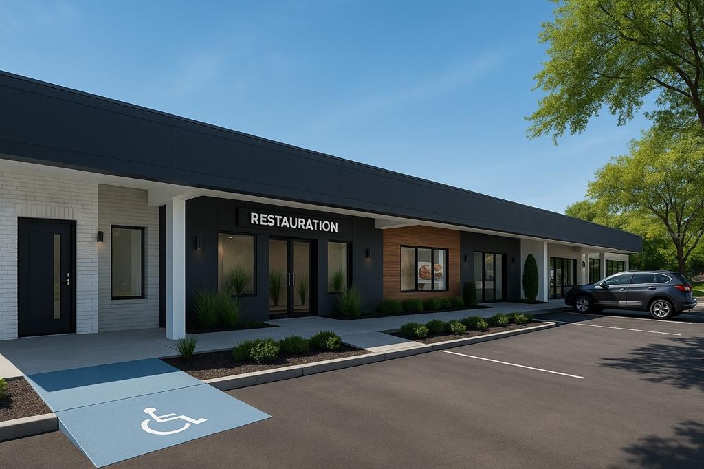 This is a digital rendering of a modern commercial building exterior with a parking lot — 7410 COMMERCE STREET UNIT 101, RIVERVIEW, FL
