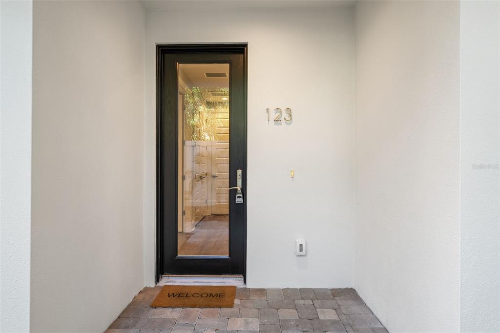 A modern front entryway features a black glass-paneled door, house number 123, and a welcome mat — 123 5TH AVENUE N, ST PETERSBURG, FL