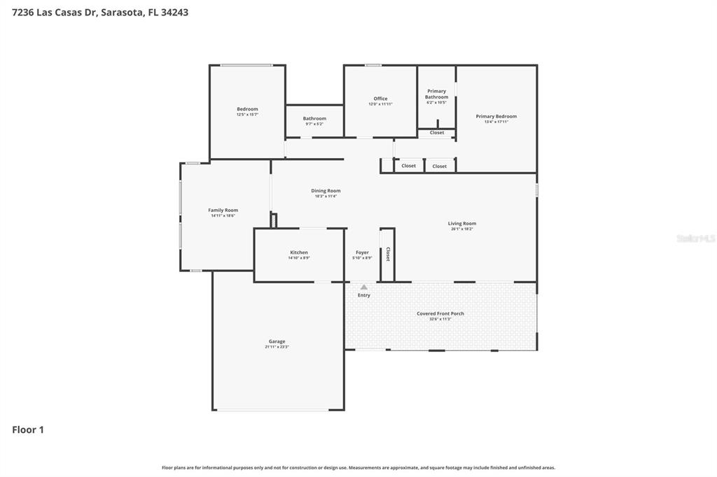 This is a floor plan showing the layout of a single-story residential home — 7236 LAS CASAS DR, SARASOTA, FL
