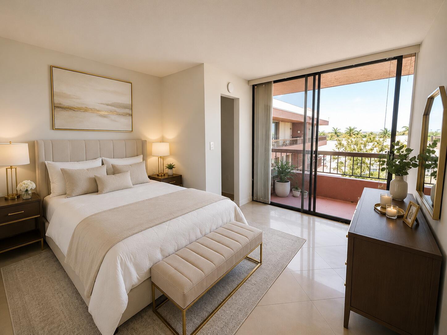 A bedroom with a queen bed, beige bench, and sliding glass doors leading to a balcony — 7040 Coral Way # 501, Miami FL 33155, MIAMI, FL