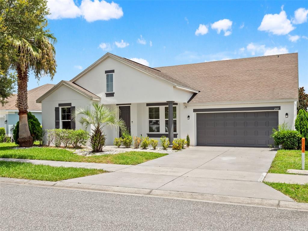 A single-story white house with a gray garage door and a palm tree in front — 259 BLUE CYPRESS DRIVE, GROVELAND, FL