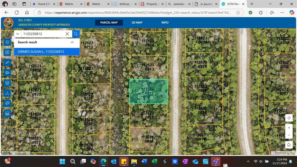This is a digital property map showing a highlighted parcel of land in Sarasota County — 1377 ANNATTO STREET, NORTH PORT, FL