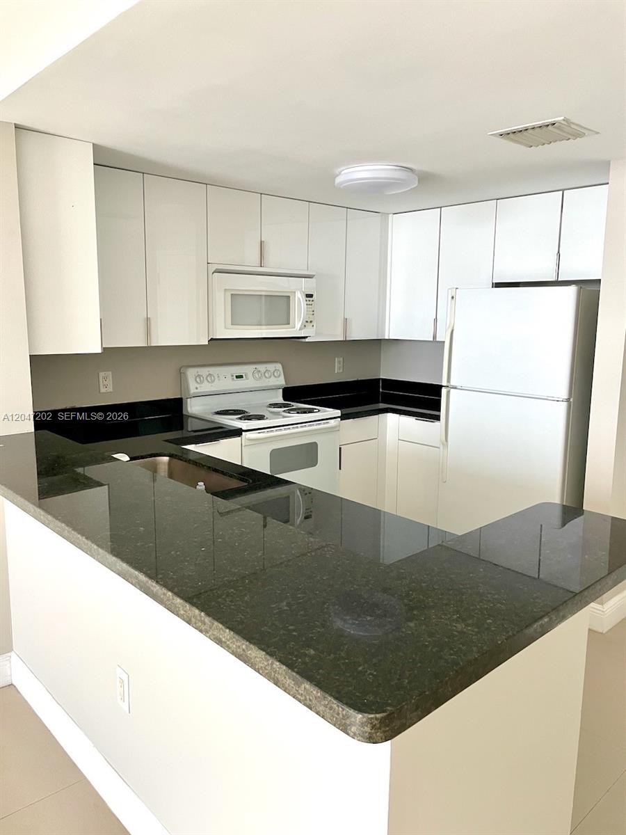 A kitchen features white cabinets, black countertops, a white stove, and a white refrigerator — 1250 S Miami Ave # 2111, Miami FL 33130, MIAMI, FL