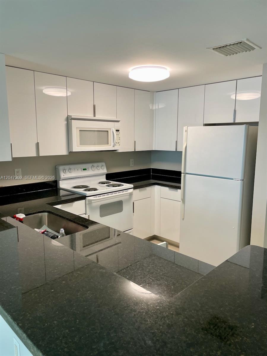 A kitchen features white cabinets, black countertops, and white appliances — 1250 S Miami Ave # 2111, Miami FL 33130, MIAMI, FL