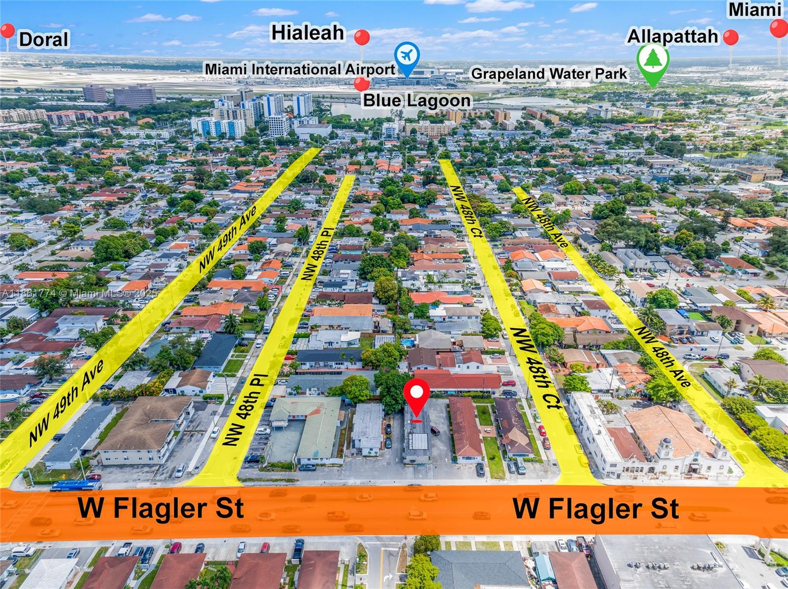 This aerial map shows a commercial property highlighted with a red pin near W Flagler St — 4831 W Flagler St, Miami FL 33134, MIAMI, FL