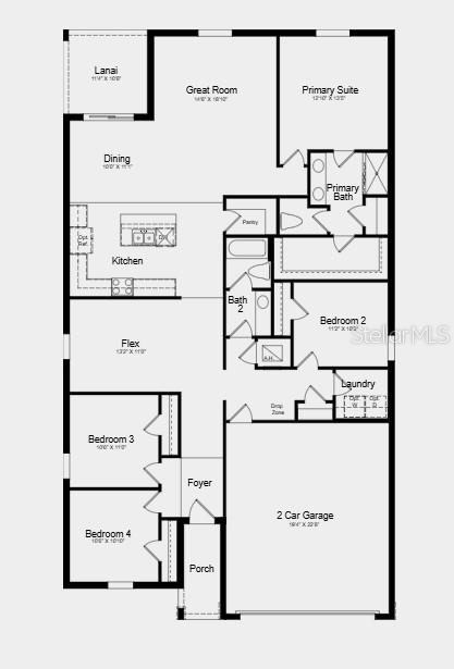 This is a floor plan for a single-story home featuring four bedrooms and a two-car garage — 7425 FIELDSTONE DRIVE, GROVELAND, FL