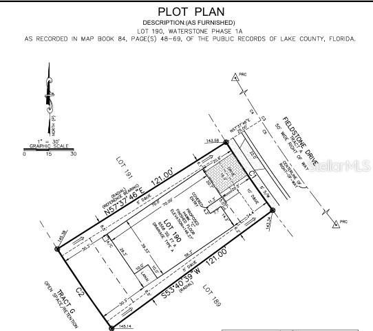 This is a plot plan for Lot 190 in Waterstone Phase 1A — 7425 FIELDSTONE DRIVE, GROVELAND, FL