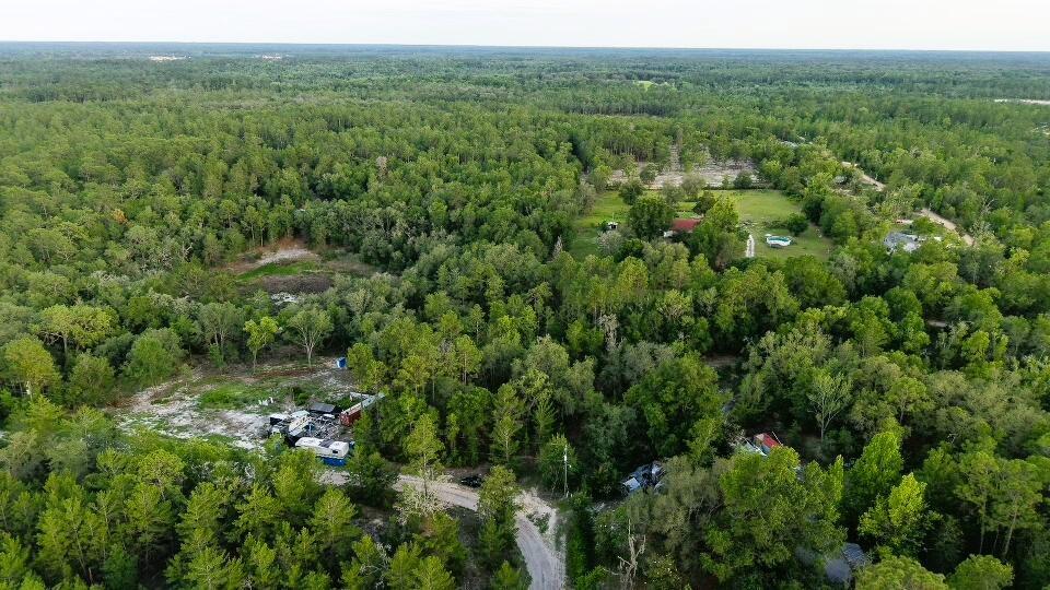 An aerial view shows a rural property with wooded areas, a dirt road, and several structures — 121 Susan Road, FL 32640, FL