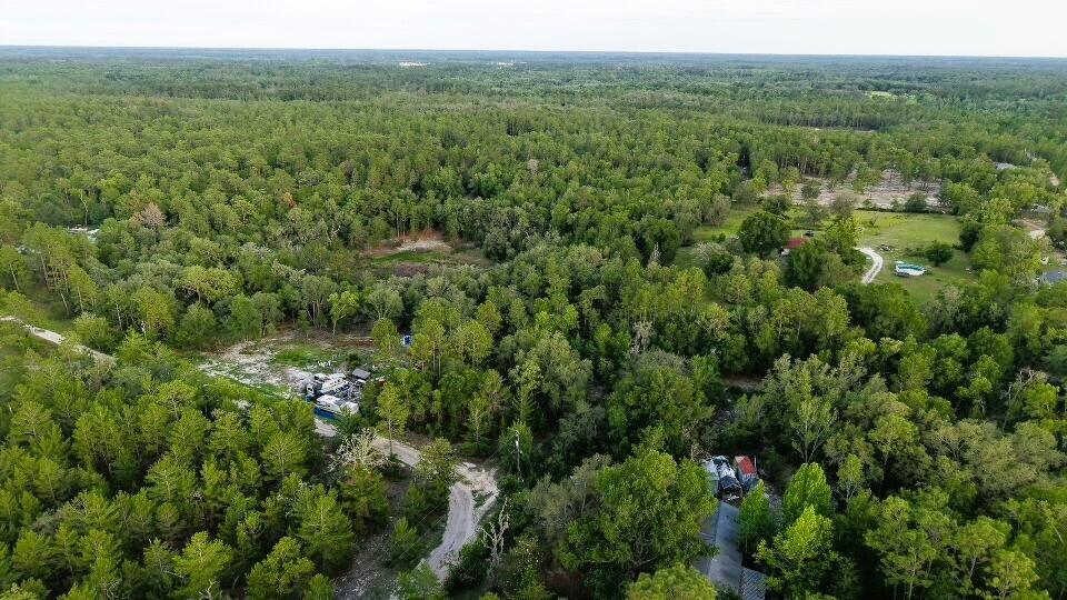 An aerial view shows a rural property with wooded areas, dirt roads, and scattered structures — 121 Susan Road, FL 32640, FL