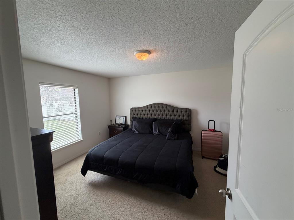 A bedroom features a tufted headboard, black bedding, a window, and beige carpeting — 487 OCHO RIOS AVENUE, TAVARES, FL