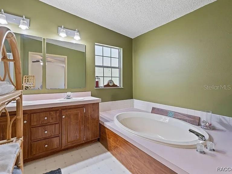 A bathroom features olive green walls, a wooden vanity, and a built-in soaking tub — 8171 SE 144TH PLACE, INGLIS, FL