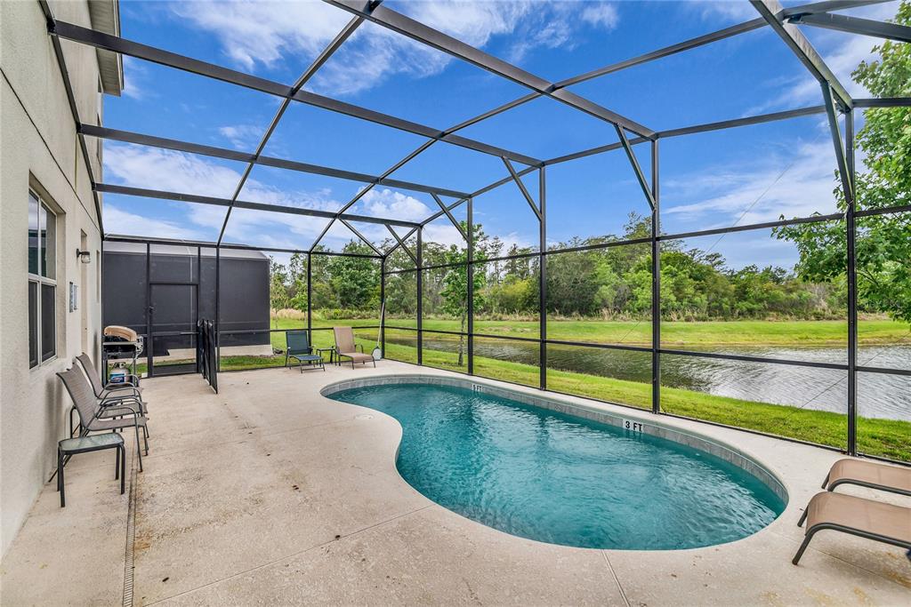 A screened-in patio features a kidney-shaped swimming pool overlooking a pond and grassy landscape — 2576 SHANTI DRIVE, KISSIMMEE, FL