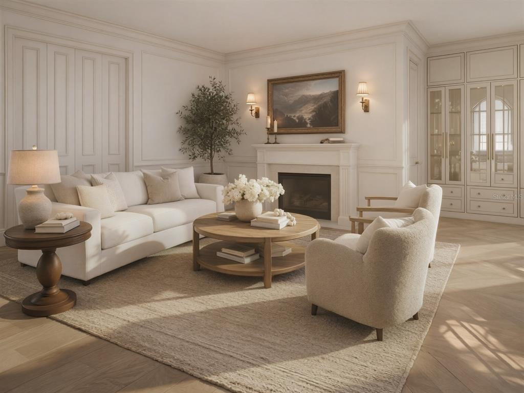 This is a rendering of a living room featuring a fireplace, sofa, and armchairs — 149 W WILBUR AVENUE UNIT 101, LAKE MARY, FL