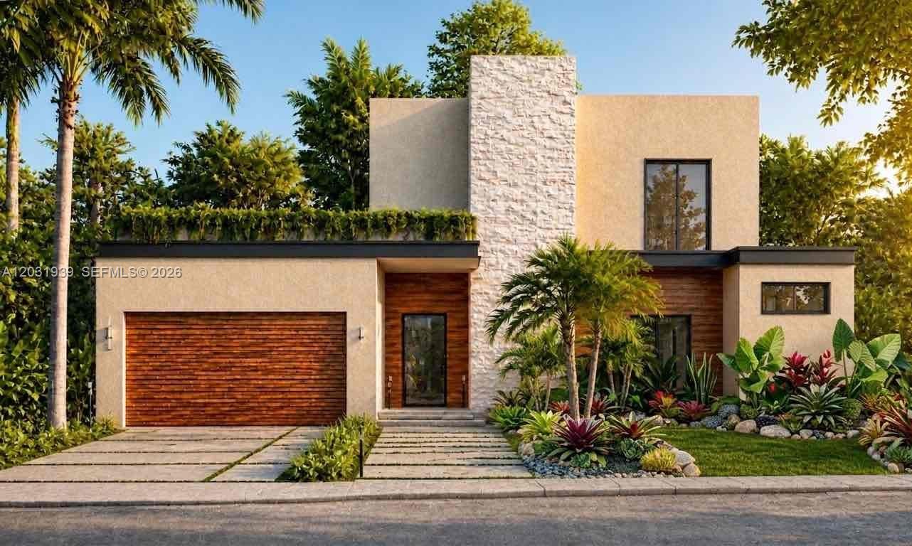 This is a rendering of a modern two-story house with a stone facade and garage — MIAMI SHORES, FL