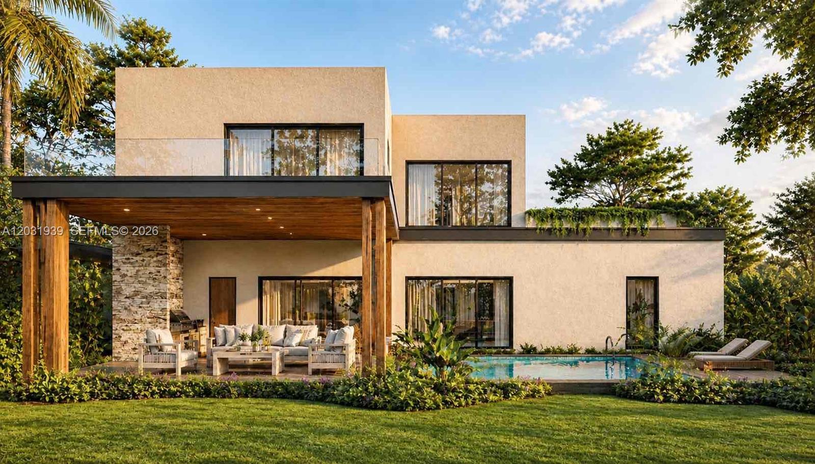 This is a rendering of a modern two-story house with a pool and patio — MIAMI SHORES, FL