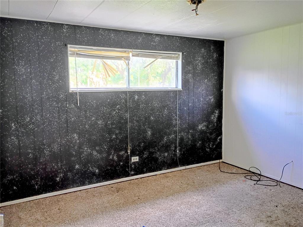 An empty room features a black accent wall with white speckles, a window, and carpet — 4315 LAKE AVENUE, KISSIMMEE, FL