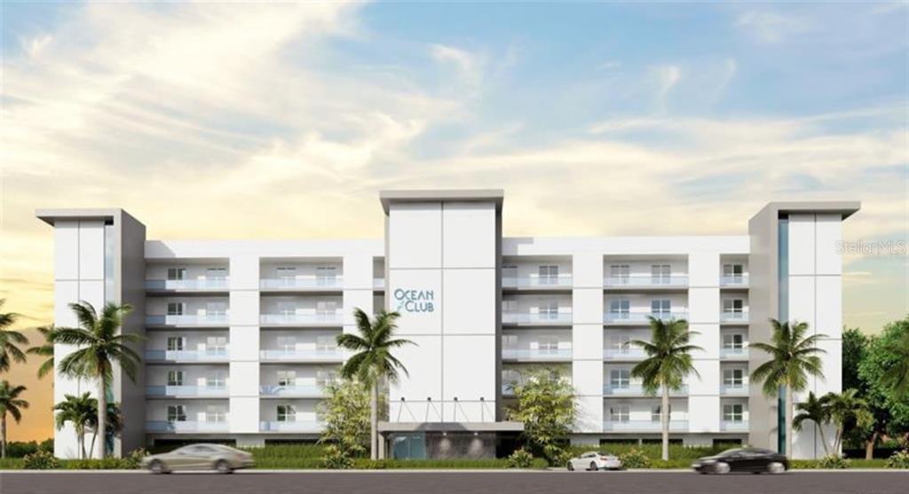 This is a digital rendering of a modern, multi-story residential building with palm trees — 11500 GULF BOULEVARD UNIT 202, ST PETERSBURG, FL