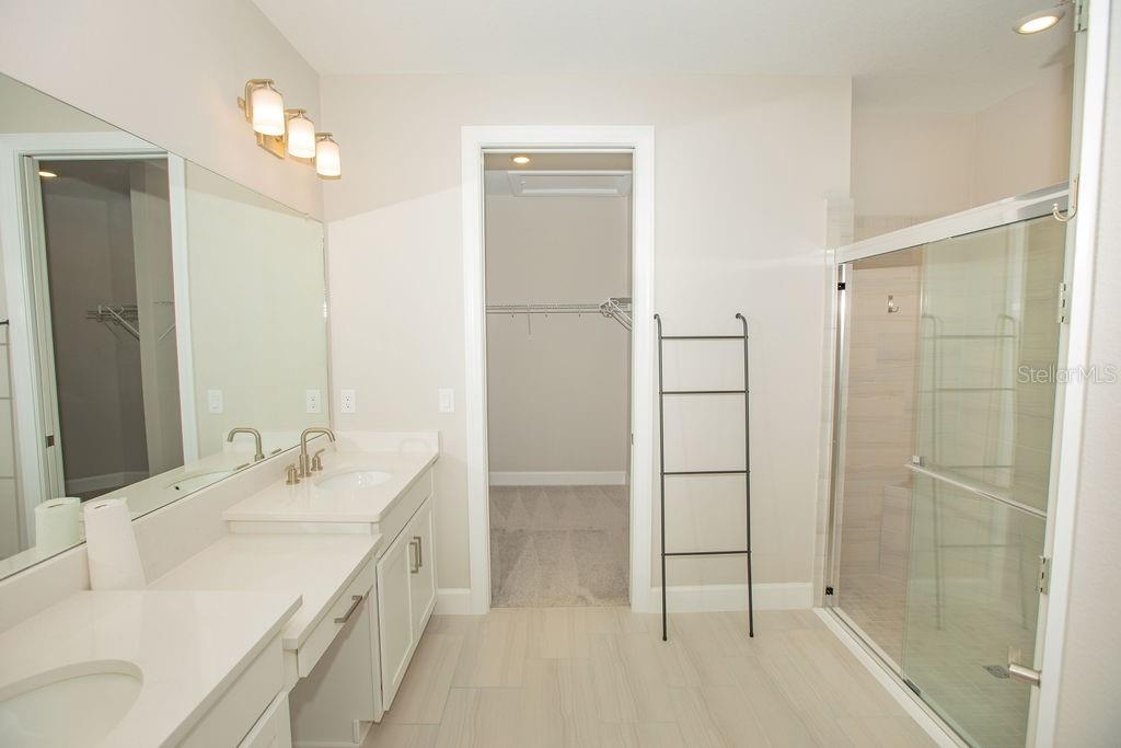 A bathroom features a double vanity, a walk-in shower, and an adjacent walk-in closet — 4605 ROSATTI ROAD, WESLEY CHAPEL, FL