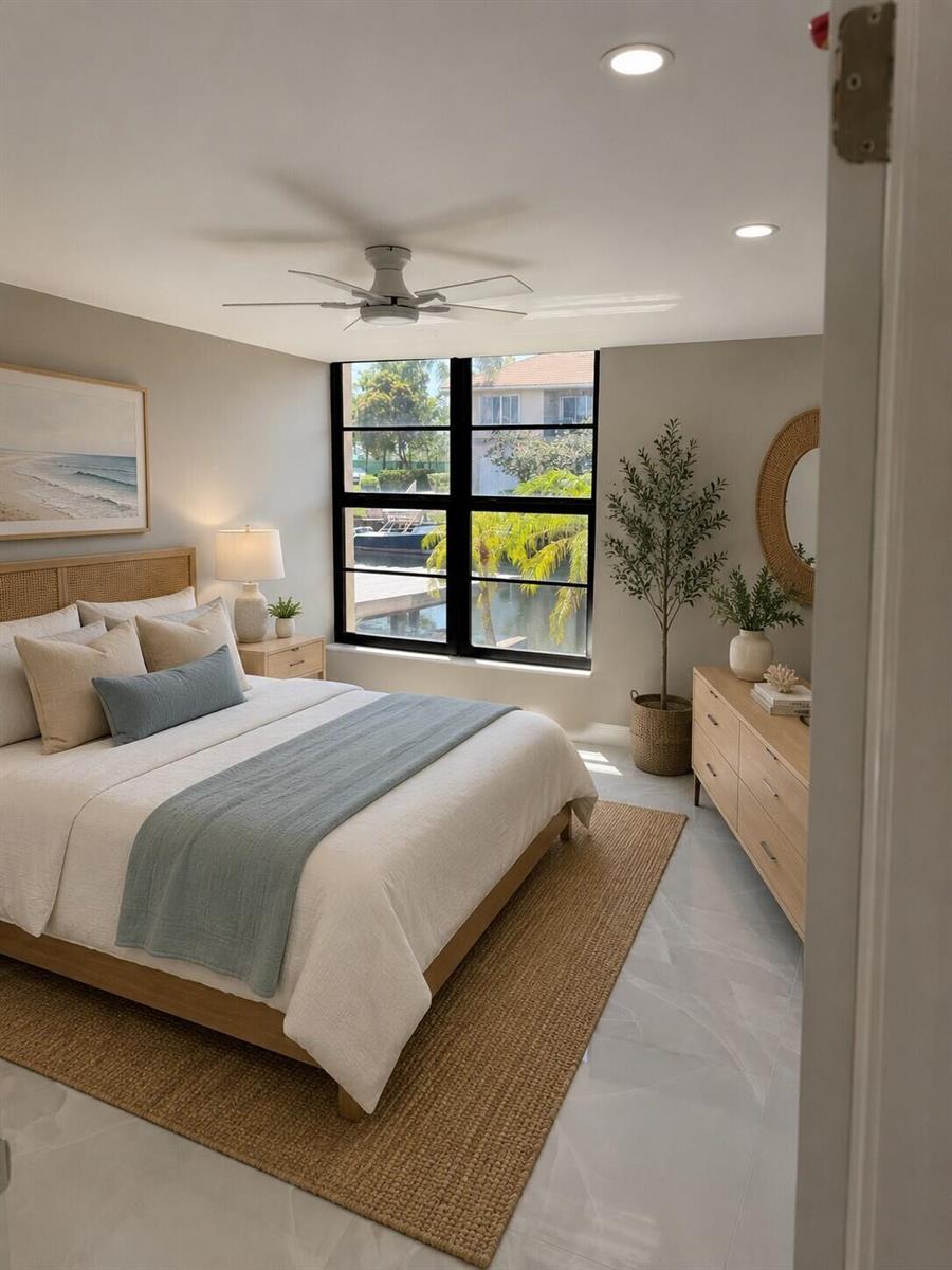 A bedroom with a bed, dresser, jute rug, and a window overlooking a canal — 1 Royal Palm Way # 101, Boca Raton FL 33432, BOCA RATON, FL