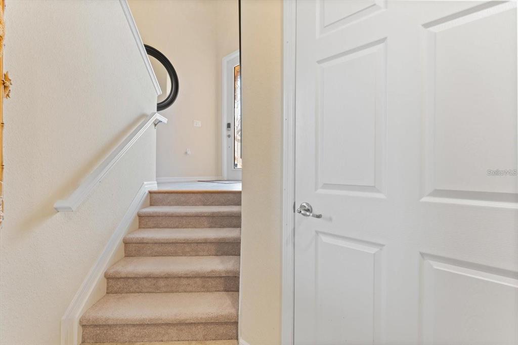 A carpeted staircase leads to an entryway with a white door and light walls — 416 WINDING BROOK LANE UNIT 102, BRADENTON, FL