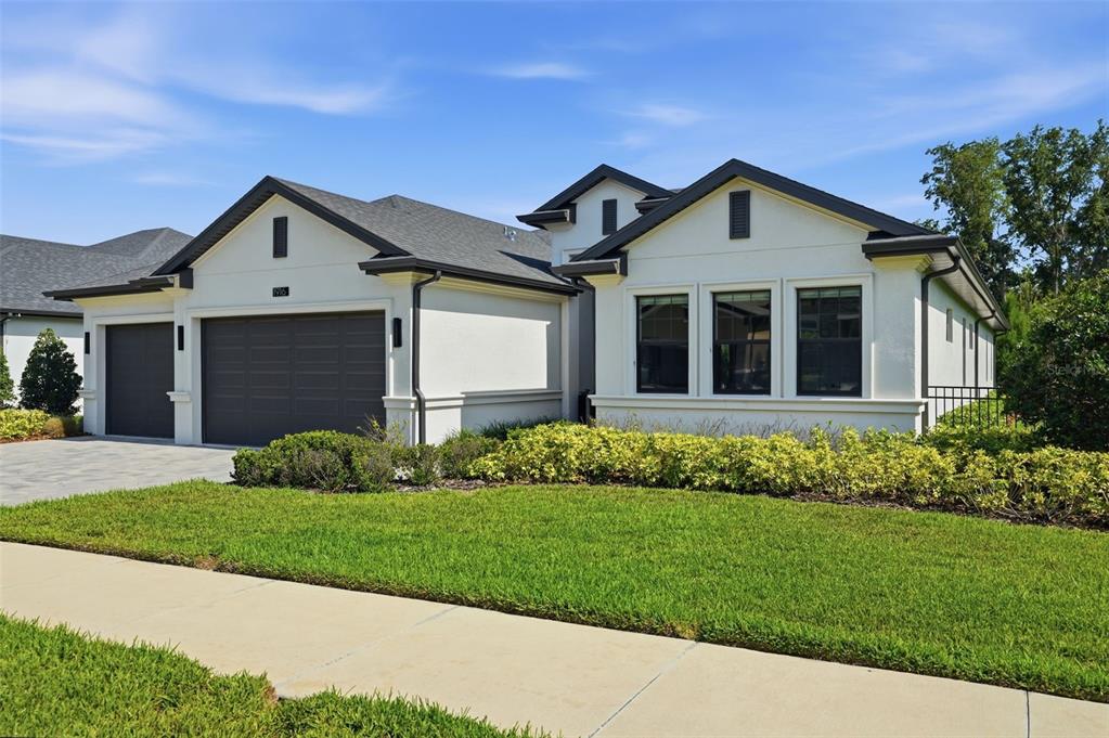 A single-story house with a white stucco exterior, dark trim, and a three-car garage — 1916 JULLEE LANE, PALM HARBOR, FL