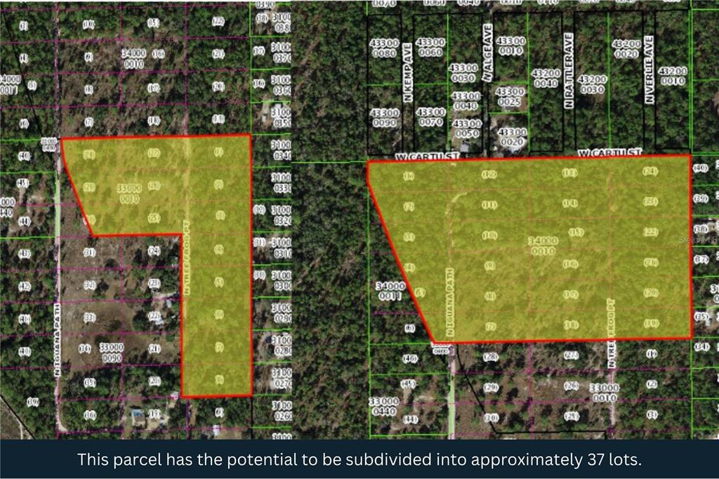 This is a map showing two large, highlighted parcels of land with potential for subdivision — 3476 N IGUANA PATH, CRYSTAL RIVER, FL