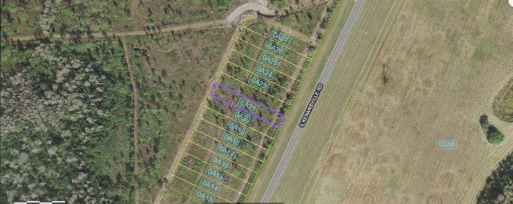 An aerial map view shows a row of rectangular land parcels adjacent to a road — S KENANSVILLE ROAD, OKEECHOBEE, FL