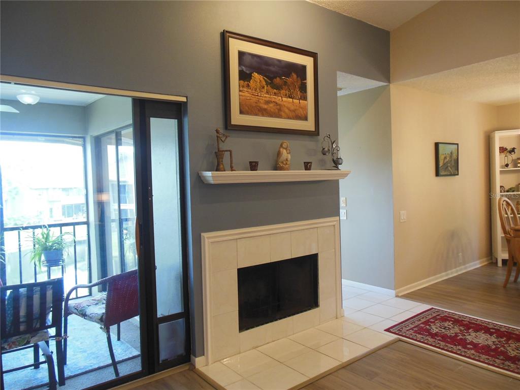 A living room features a tiled fireplace with a mantel, a painting, and a sliding door — 3053 LANDMARK BOULEVARD UNIT 1107, PALM HARBOR, FL