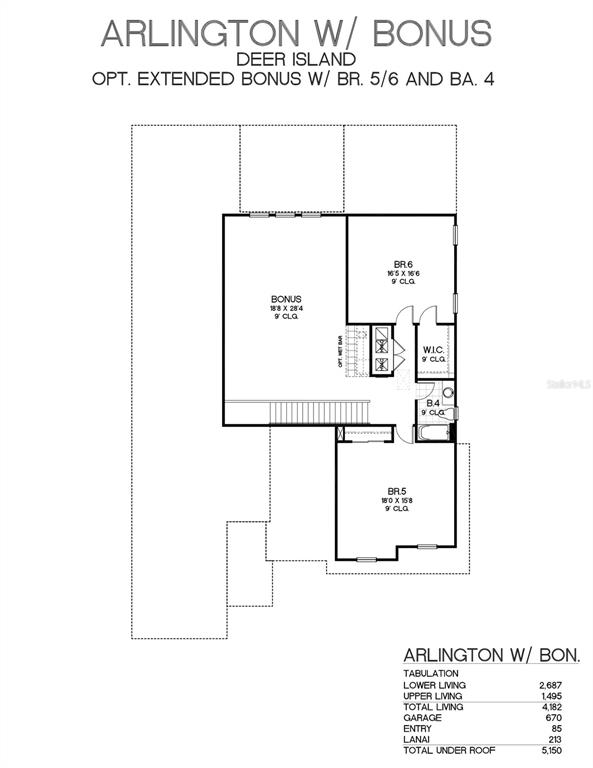 This floor plan shows the upper level of a house featuring a bonus room and bedrooms — 17350 WILD DAISY DRIVE, WINTER GARDEN, FL