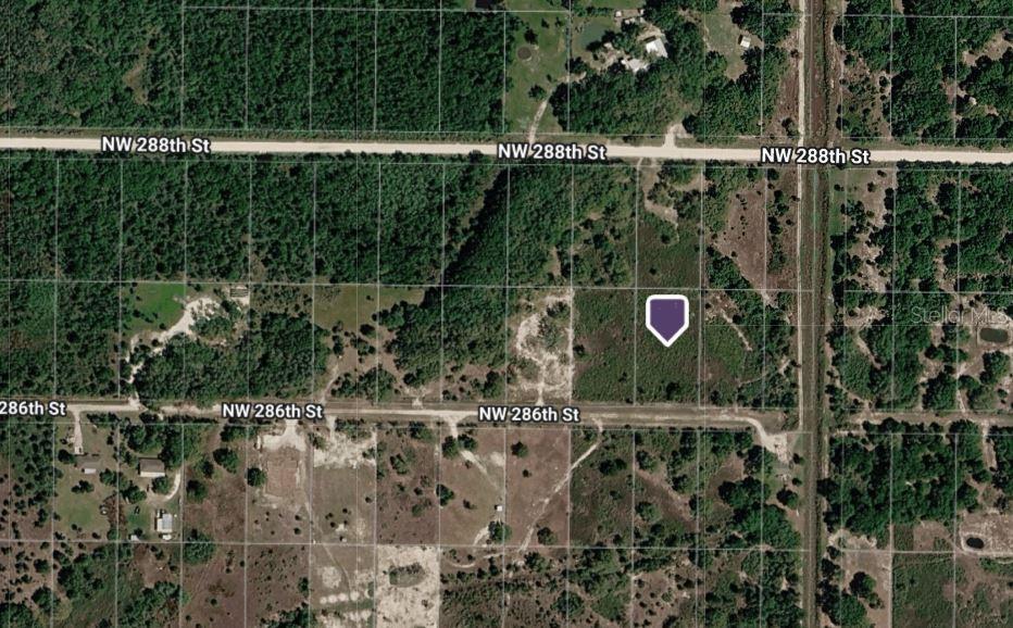 This is an aerial map view of a vacant, wooded lot marked with a purple pin — 20121 NW 286TH STREET, OKEECHOBEE, FL