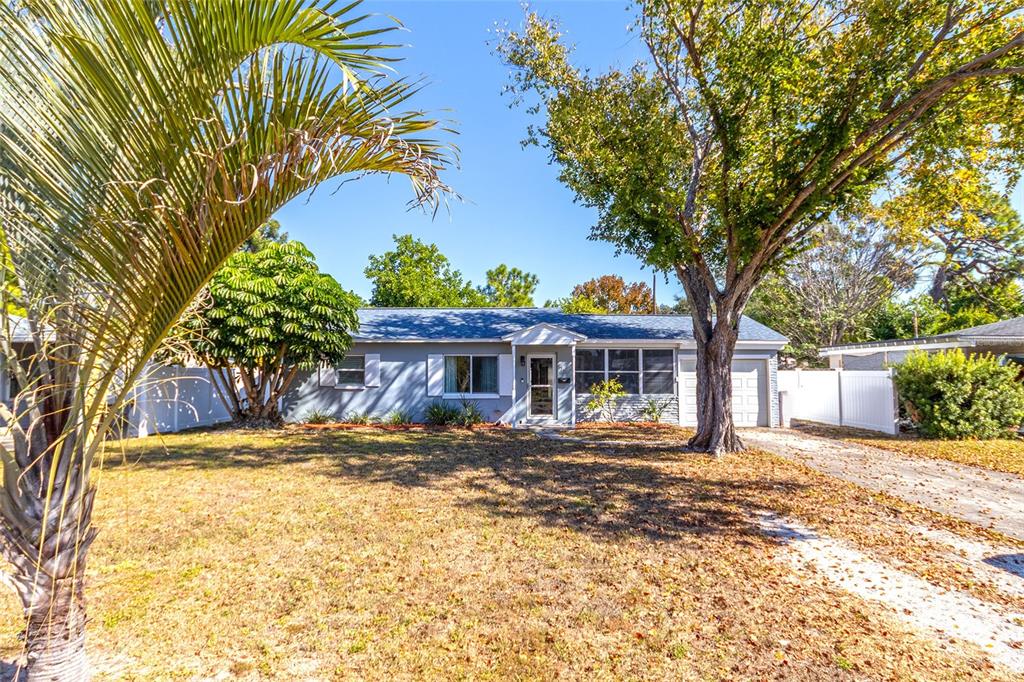 A single-story house with a gray exterior, a front porch, and a large palm tree — 1725 BRADSHAW LANE N, ST PETERSBURG, FL