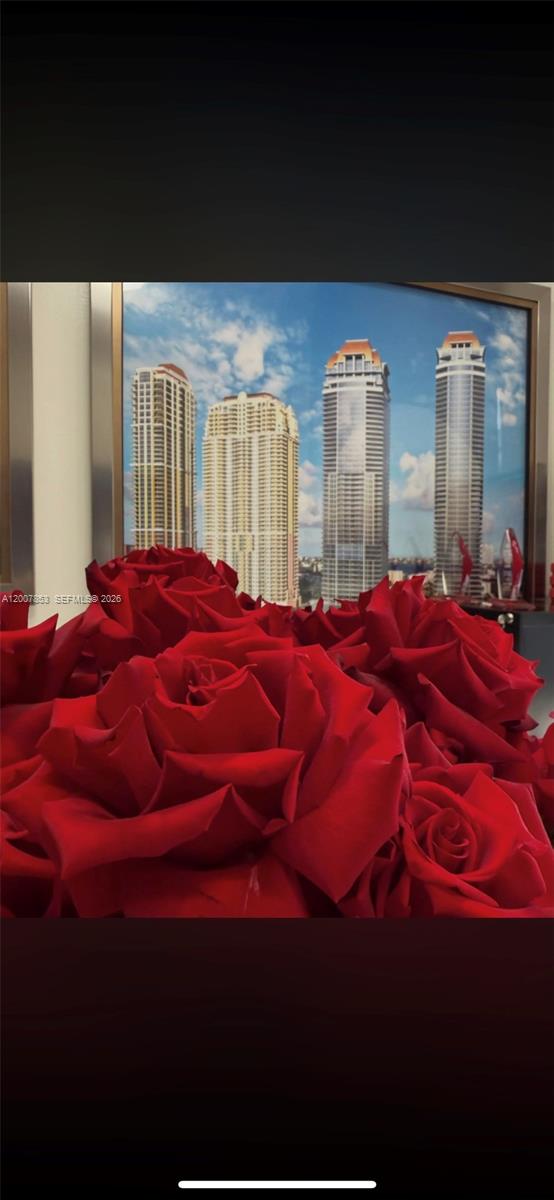 A close-up of red roses in the foreground with a view of city skyscrapers behind — 200 178th Dr # 505, Sunny Isles Beach FL 33160, SUNNY ISLES BEACH, FL