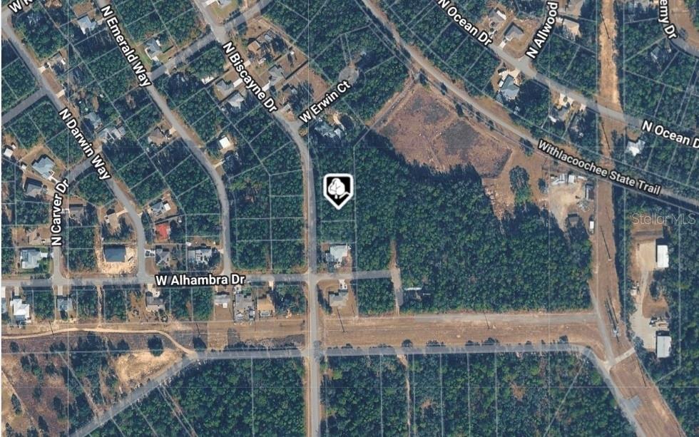 This is an aerial map view of a vacant residential lot in a wooded neighborhood — 10061 N BISCAYNE DRIVE, CITRUS SPRINGS, FL