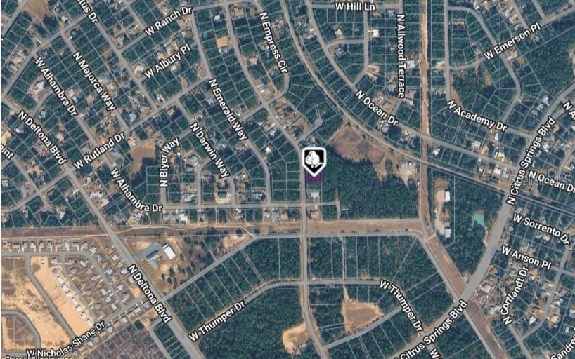 This is an aerial map view of a residential lot in a wooded neighborhood — 10061 N BISCAYNE DRIVE, CITRUS SPRINGS, FL