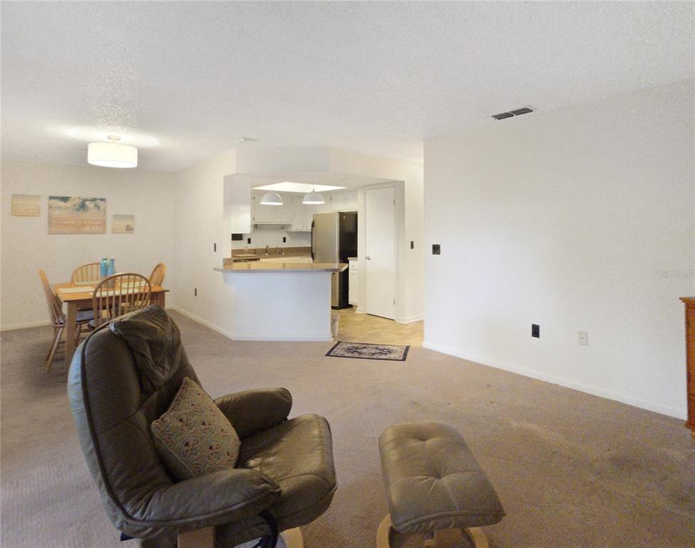 A living room with carpeted floors leads to a dining area and an open kitchen — 504 SILVER COURSE UNIT A, OCALA, FL