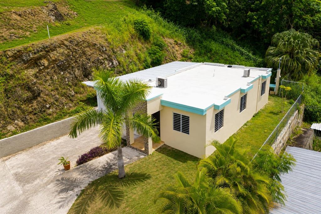 An aerial view shows a single-story house with a flat roof and a palm tree — Carr 414 SECTOR LOS PUENTES, RINCON, PR