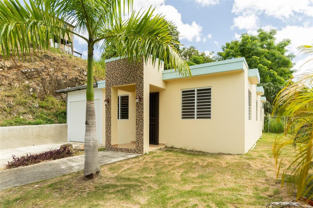 A single-story house with a stone-accented entryway, a white garage door, and a palm tree — Carr 414 SECTOR LOS PUENTES, RINCON, PR