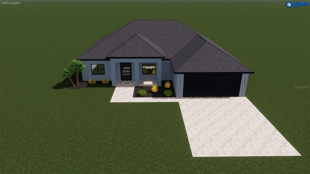 A digital rendering of a single-story house with a gray exterior, dark roof, and driveway — 7320 FREEBERG CIRCLE, PORT CHARLOTTE, FL