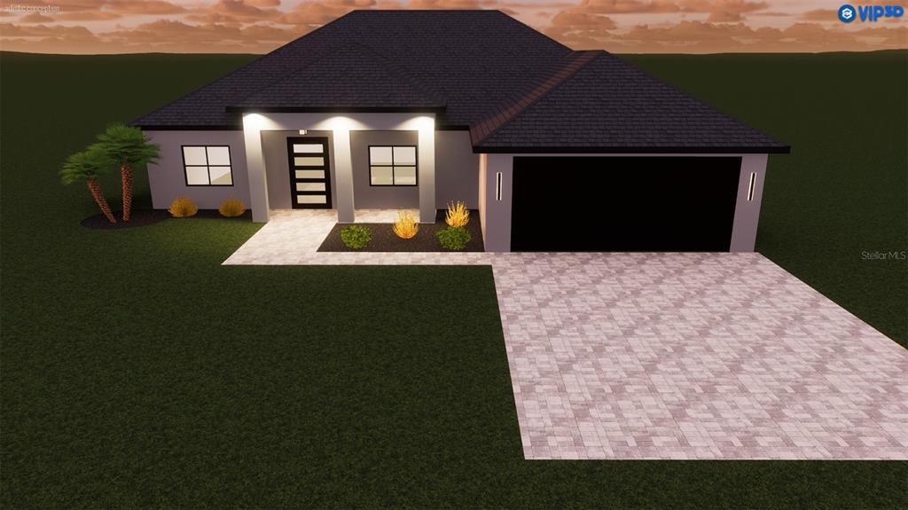 A digital rendering of a single-story house with a paved driveway and a dark roof — 7320 FREEBERG CIRCLE, PORT CHARLOTTE, FL