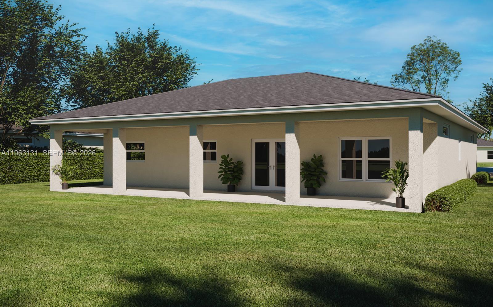 This is a rendering of the exterior rear view of a house with a covered patio — 7435 CASILLA ST, Sebring FL 33872, SEBRING, FL