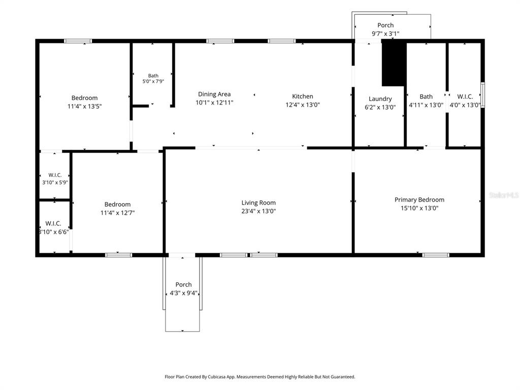 This is a floor plan showing a house with three bedrooms, two porches, and laundry — 13320 SUN ROAD, BROOKSVILLE, FL