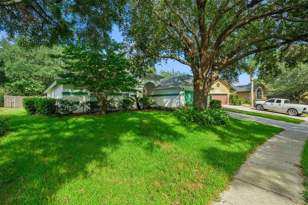 A single-story house with a green-trimmed white exterior and a large tree in the front yard — 1515 ACROPOLIS CIRCLE, OCOEE, FL