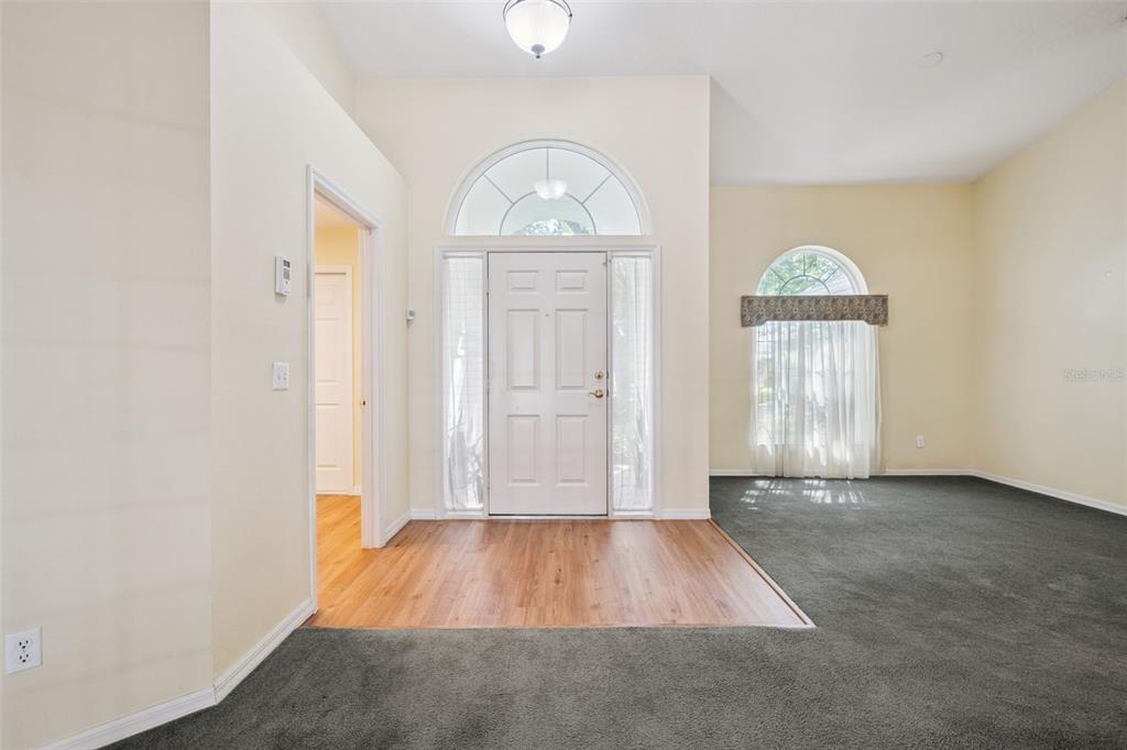 An entryway with wood flooring, a white front door, and an adjacent carpeted living area — 1515 ACROPOLIS CIRCLE, OCOEE, FL